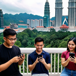 **

A diverse group of Malaysians using various social media platforms (Facebook, Instagram, TikTok, LinkedIn) on their smartphones, tablets, and laptops. The background shows iconic Malaysian landmarks like the Petronas Towers and Batu Caves, subtly blended. The overall feel is modern and connected, highlighting the importance of social media in reaching different demographics.

**