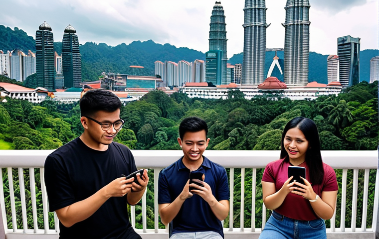 **
A diverse group of Malaysians using various social media platforms (Facebook, Instagram, TikTok, LinkedIn) on their smartphones, tablets, and laptops. The background shows iconic Malaysian landmarks like the Petronas Towers and Batu Caves, subtly blended. The overall feel is modern and connected, highlighting the importance of social media in reaching different demographics.
**