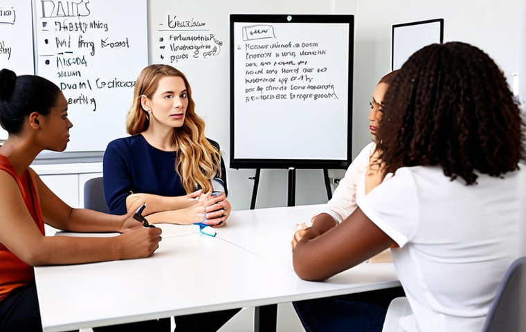 **
> A diverse group of people engaged in a focus group discussion about a new beauty product, with a moderator facilitating and capturing notes on a whiteboard. The setting is a modern, brightly lit meeting room. Emphasis on expressions of genuine interest and connection to the product's story of boosting confidence and natural beauty.
**