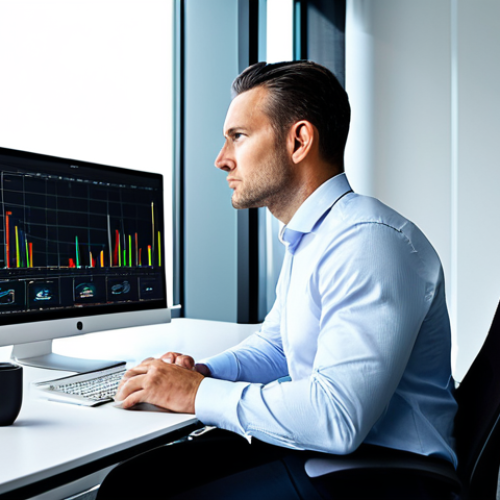 Home 17 A professional male marketing analyst, mid-30s, wearing a crisp, modest business shirt and trousers, seated at a sleek modern desk with multiple monitors displaying complex data visualizations and psychographic profiles. His expression is thoughtful and focused, subtly conveying deep understanding of customer insights. The office background is minimalist and brightly lit, with a large window showing a city skyline. The scene is well-lit, high-resolution, professional photography. Safe for work, appropriate content, fully clothed, professional dress, perfect anatomy, correct proportions, natural pose, well-formed hands, proper finger count, natural body proportions.