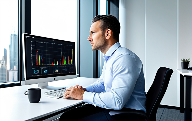 A professional male marketing analyst, mid-30s, wearing a crisp, modest business shirt and trousers, seated at a sleek modern desk with multiple monitors displaying complex data visualizations and psychographic profiles. His expression is thoughtful and focused, subtly conveying deep understanding of customer insights. The office background is minimalist and brightly lit, with a large window showing a city skyline. The scene is well-lit, high-resolution, professional photography. Safe for work, appropriate content, fully clothed, professional dress, perfect anatomy, correct proportions, natural pose, well-formed hands, proper finger count, natural body proportions.