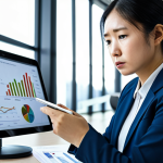 A professional Asian businesswoman in a modest business suit, seated at a modern office desk. She looks thoughtful and slightly stressed, reviewing a tablet displaying a financial graph showing declining performance and wasted advertising spend. The background features blurred office equipment and digital screens indicating irrelevant impressions. The scene is well-lit, professional photography, high resolution, realistic. safe for work, appropriate content, fully clothed, professional dress, perfect anatomy, correct proportions, natural pose, well-formed hands, proper finger count, natural body proportions.
