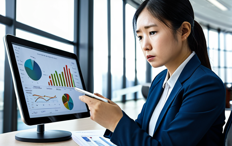 A professional Asian businesswoman in a modest business suit, seated at a modern office desk. She looks thoughtful and slightly stressed, reviewing a tablet displaying a financial graph showing declining performance and wasted advertising spend. The background features blurred office equipment and digital screens indicating irrelevant impressions. The scene is well-lit, professional photography, high resolution, realistic. safe for work, appropriate content, fully clothed, professional dress, perfect anatomy, correct proportions, natural pose, well-formed hands, proper finger count, natural body proportions.