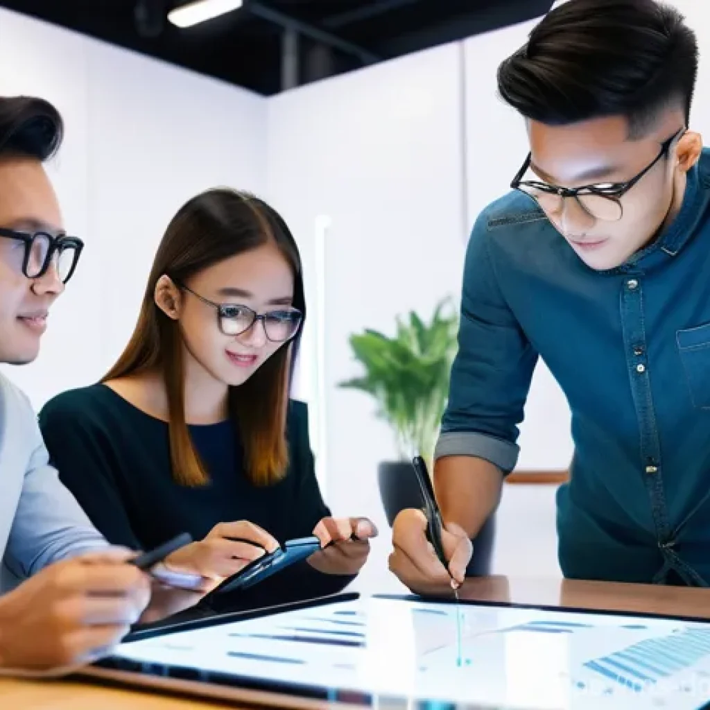 디지털 광고에서의 사용자 행동 예측 - **Prompt 1: Futuristic Digital Marketing Hub**
A diverse group of five young Malaysian professio...
