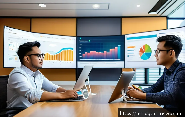 디지털 광고에서의 인사이트 기반 전략 개발 - A modern Malaysian digital marketing office scene showing a diverse team of professionals analyzing ...