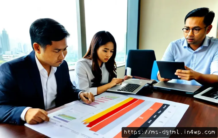 Home 17 실패한 디지털 광고 캠페인에서의 교훈 - Photorealistic Malaysian small business team reviewing a failed digital advertising campaign in a mo...